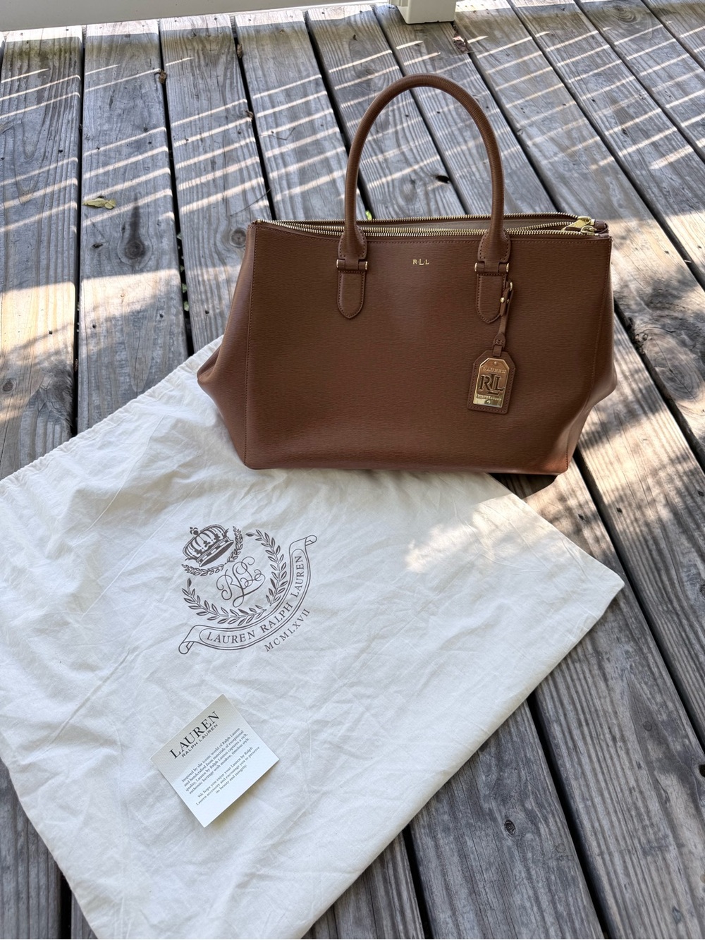 Lauren Ralph Lauren Cognac Pebbled Leather Satchel with RL Tag